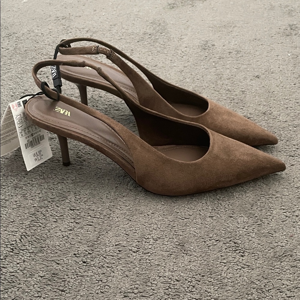Zara Brown Suede Pointed-Toe Slingback Heels